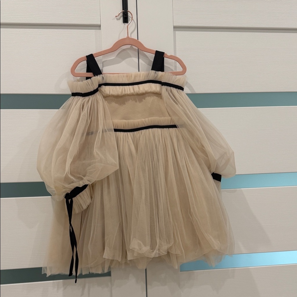 Girls Beige Tulle Party Dress with Black Trim